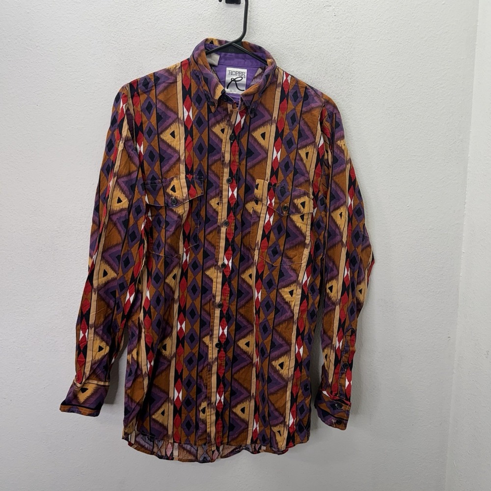 VTG 90s Roper Aztec Western Shirt SZ M Button Up USA Made Southwestern Tribal